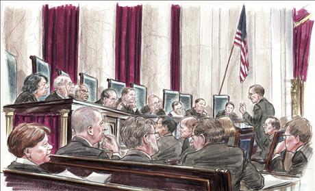Courtroom illustration of U.S. Solicitor General Donald Verrilli at the lectern to members of the U.S. Supreme Court in Washington