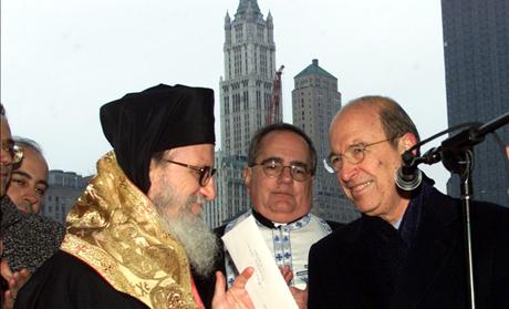 GREEK PRIME MINISTER DELIVERS CHECK TO ARCHBISHOP DIMITRIOS AT GROUND ZERO.