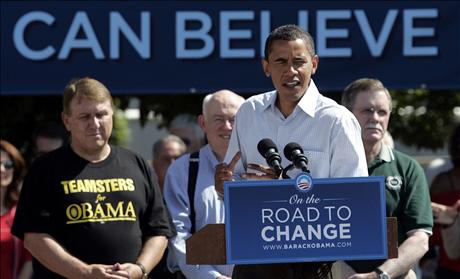 US Democratic presidential nominee Senator Barack Obama speaks to the crowd at Hart Plaza following the annual Labor Day parade in Detroit