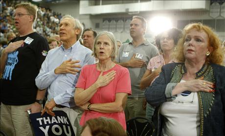 Participants at a town hall meeting on healthcare reform at high school gymnasium in Virginia