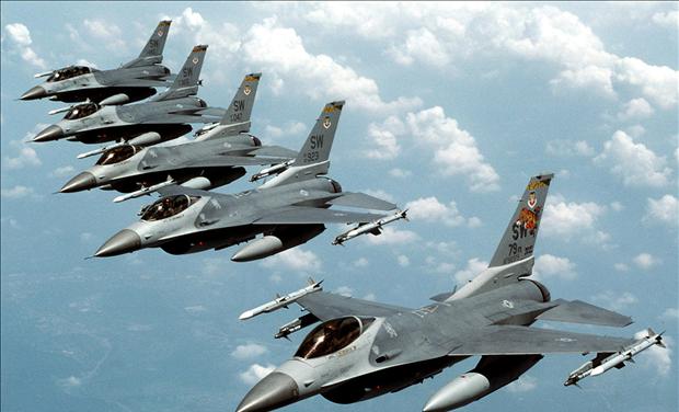 File photo of five U.S. Air Force F-16 "Fighting Falcon" jets flying in echelon formation over the U.S. en route to an exercise