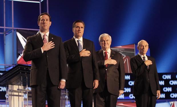 Republican presidential candidates stand on stage before participating in a Republican presidential candidates debate in Charleston 