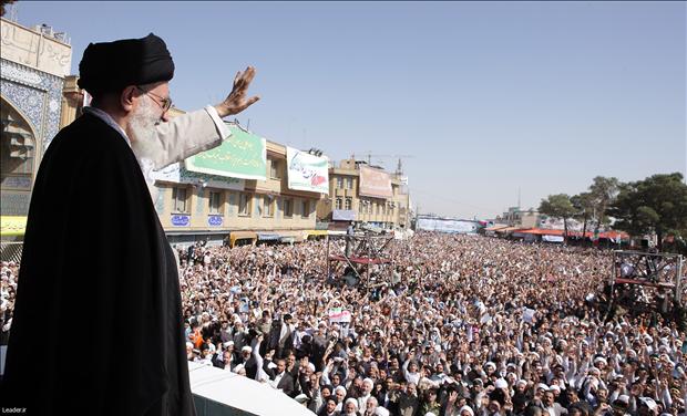 Iran's Supreme Leader Ayatollah Ali Khamenei waves to the crowd in the holy city of Qom, south of Tehran