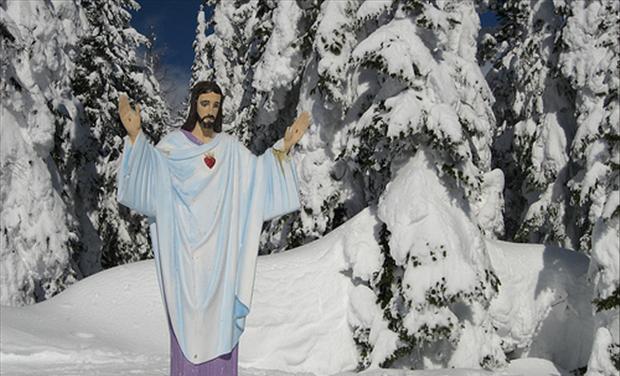 War Memorial Statue of Jesus Overlooking Big Mountain in Montana