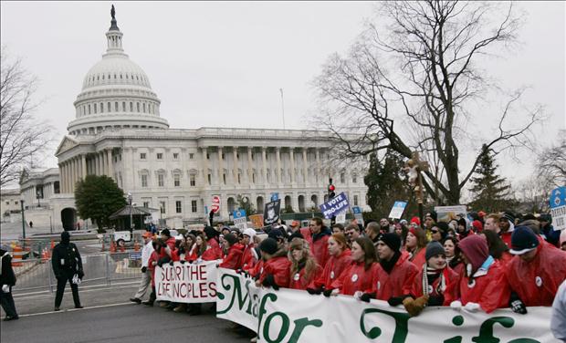 Protesters march past U.S. Capitol Building during march for life in Washington