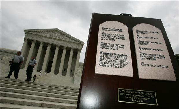 Stone tablets depicting the Ten Commandments are shown outside the Supreme Court in Washington