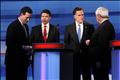 Republican presidential candidates Santorum, Perry, Romney and Gingrich talk after a Republican presidential candidates debate in Myrtle Beach 