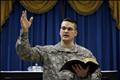 US army chaplain leads Sunday service in chapel in US forces camp in Baghdad
